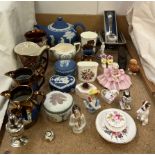 A Wedgwood blue jasper teapot together with other Wedgwood jasper wares, copper lustre jugs,