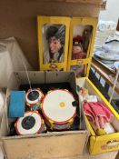 A Pelham drum kit, boxed together with three Pelham puppets including Fritzi,