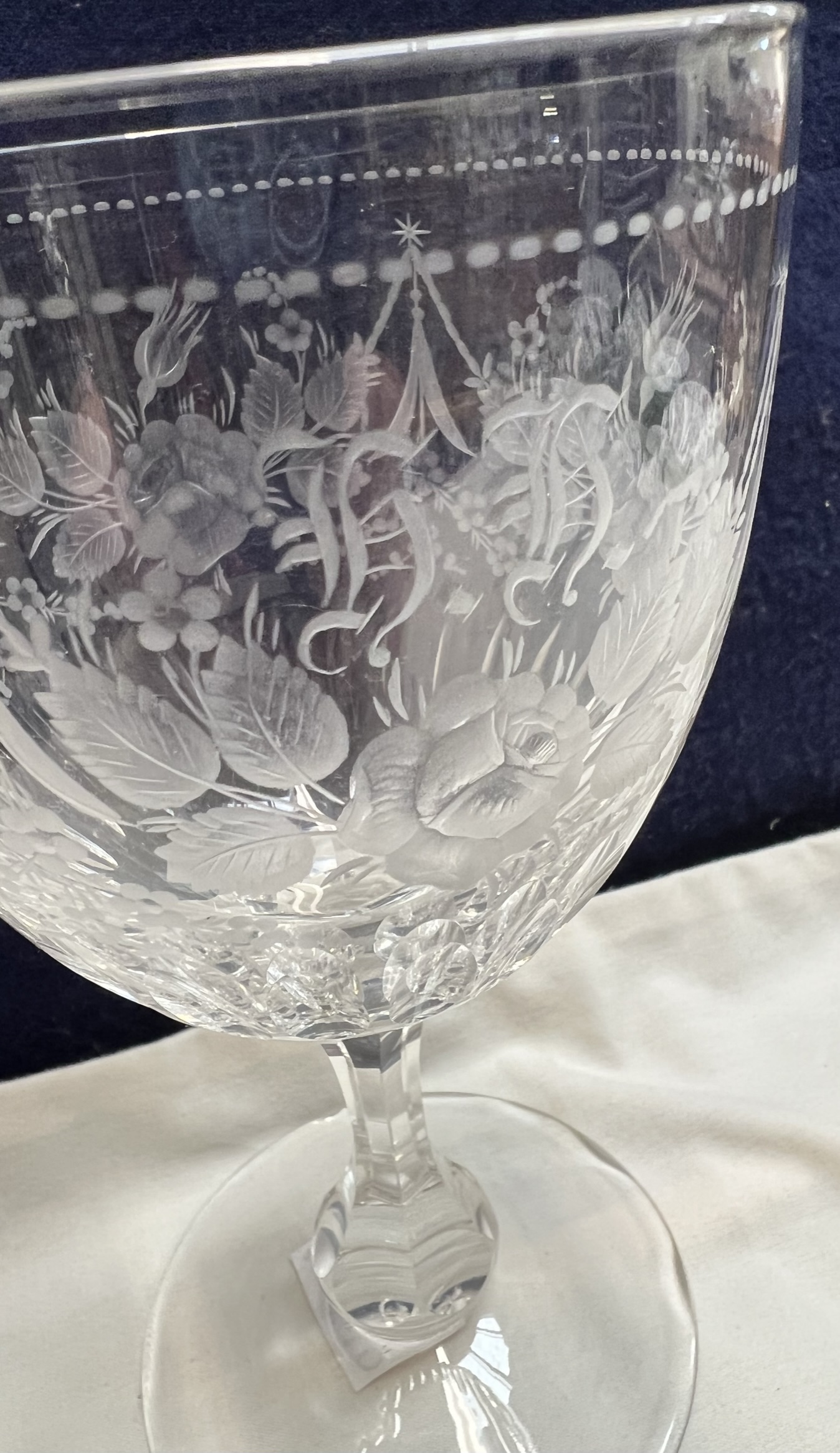 A 19th century wine glass, engraved with roses and swags, initialled "h h", - Image 3 of 3