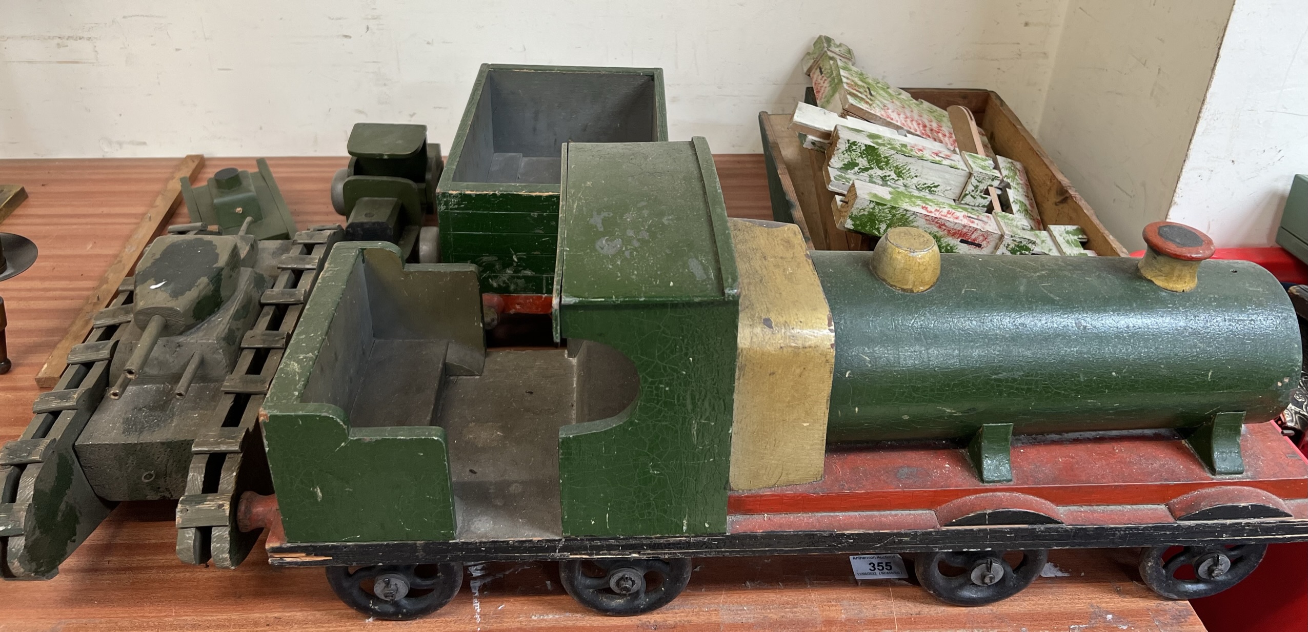 A scratch built locomotive and tender together with a tank,