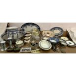 A Losol Ware part toilet set together with a blue and white meat plate, graduated jugs,