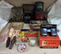 A Kundo anniversary clock together with tins, a Six 20 Brownie camera, 3D viewer Model E, dolls,