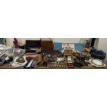 A silver and tortoise shell part dressing table set together with wallets, smoking memorabilia,