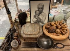 A mother of pearl inlaid octagonal box and cover together with African carvings, picture,