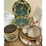 Two Belgian pottery plates together with a Peek Frean & Co's biscuit barrel & salad bowl & servers