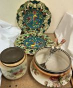 Two Belgian pottery plates together with a Peek Frean & Co's biscuit barrel & salad bowl & servers