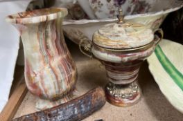 A Variegated hardstone twin handled vase and cover together with a similar vase,