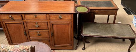 A mahogany sideboard with drawers and cupboards together with a reproduction coffee table and