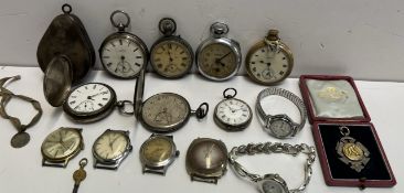 A silver open faced pocket watch together with a silver hunter pocket watch, other pocket watches,