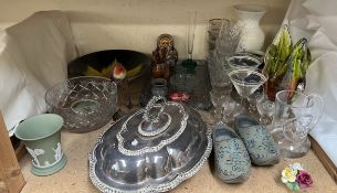 An electroplated entree dish and cover together with a Chinese prunus blossom pattern ginger jar,