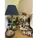 Assorted Masons Mandalay pattern jugs and vase, Japanese tea plates, two Masons table lamps,