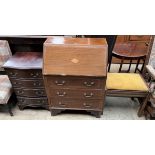An Edwardian mahogany bureau together with a reproduction mahogany bedside chest and a piano