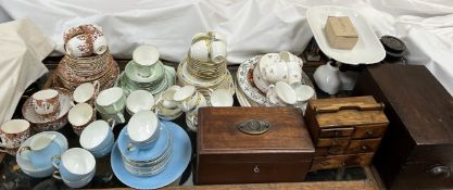 An Avery scales together with a tea caddy, table top chest, treen box, a Paragon part tea service,