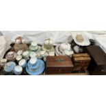 An Avery scales together with a tea caddy, table top chest, treen box, a Paragon part tea service,