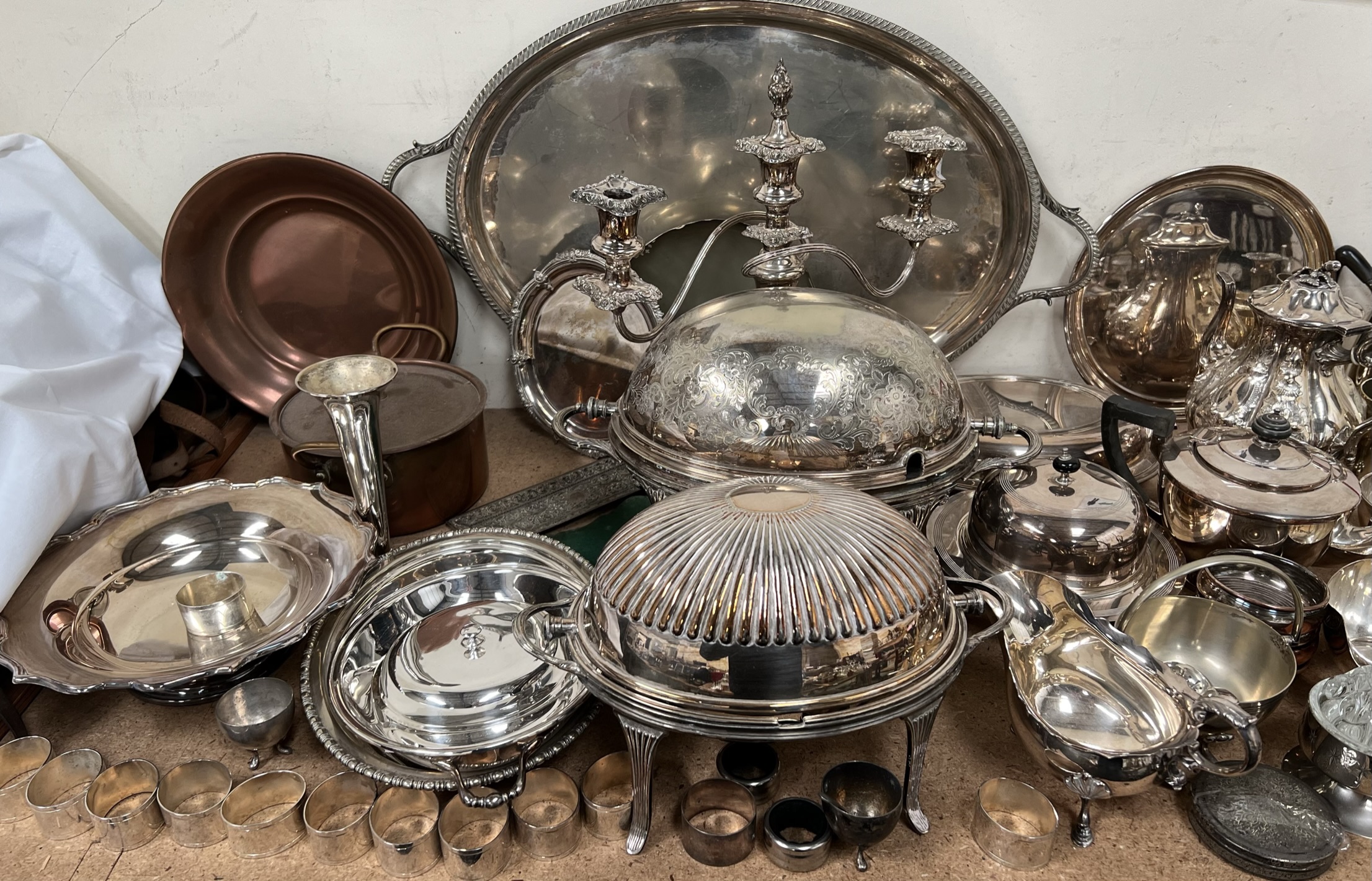 An electroplated twin handled tray together with a quantity of electroplated wares including a