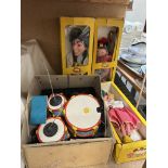 A Pelham drum kit, boxed together with three Pelham puppets including Fritzi,