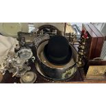 A bowler hat (7 1/8) together with a pair of brass candlesticks, electroplated wares,