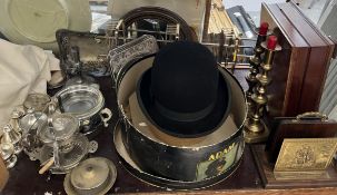 A bowler hat (7 1/8) together with a pair of brass candlesticks, electroplated wares,