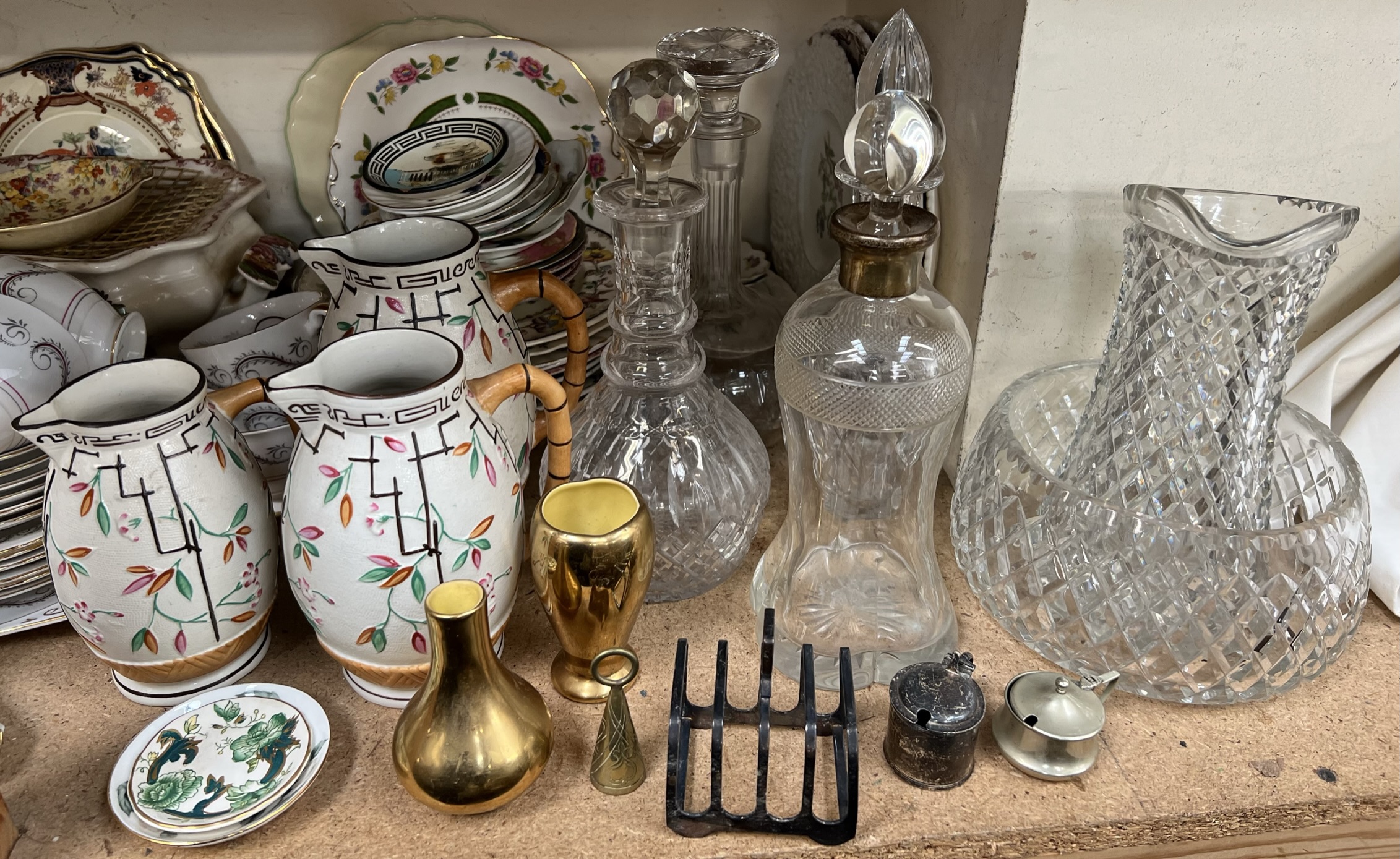 A silver topped decanter together with other decanters, graduated pottery jugs, - Image 2 of 3