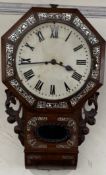 A Victorian rosewood and mother of pearl inlaid drop dial wall clock,