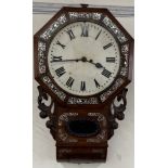 A Victorian rosewood and mother of pearl inlaid drop dial wall clock,