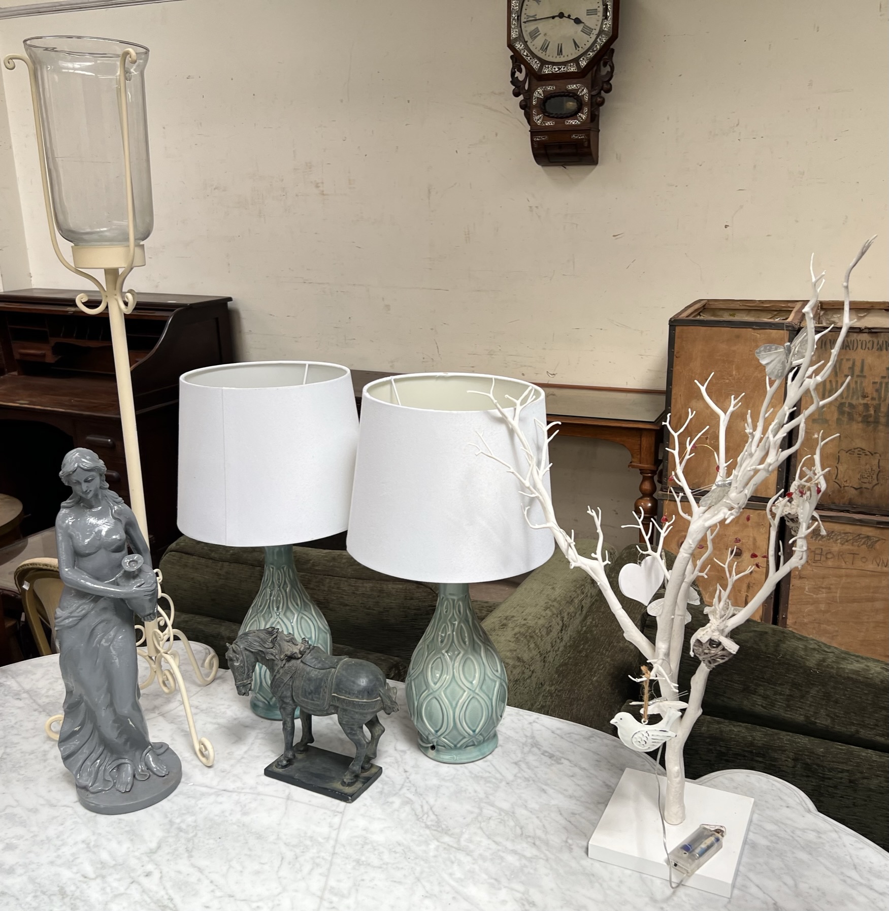 A pair of pottery table lamps together with a tree lamp, candle stand,