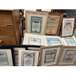 A collection of framed and unframed bonds including The Cleveland, Cincinnati,
