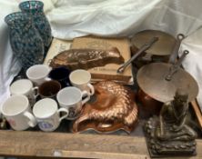 Two copper saucepans with lids together with fish moulds, glass vases, magnifying glass,