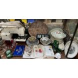 A Singer sewing machine together with a Royal Doulton charger, part dinner sets, stamps,