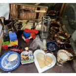 Copper lustre jugs together with a cased fish set,