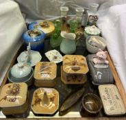 A pottery part dressing table set together with glass candlesticks,