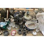 A silver backed brush together with a glass bowl, drinking glasses, pewter jugs, spelter figure,