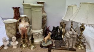 A pair of brass table lamps together with a Japanese vase, pillars, red glazed pottery vases,