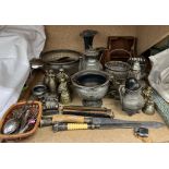 Brass bells together with toffee hammers, salad bowl and servers, bud vases, carving knife,