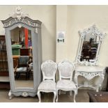 A French wardrobe with a full length mirror painted grey and white together with a side table,