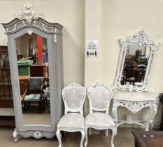 A French wardrobe with a full length mirror painted grey and white together with a side table,