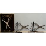 A Cronus barber shop furniture double sided "Barber Shop" sign together with a pair of scissor