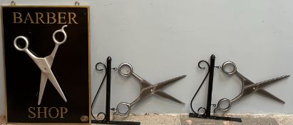 A Cronus barber shop furniture double sided "Barber Shop" sign together with a pair of scissor