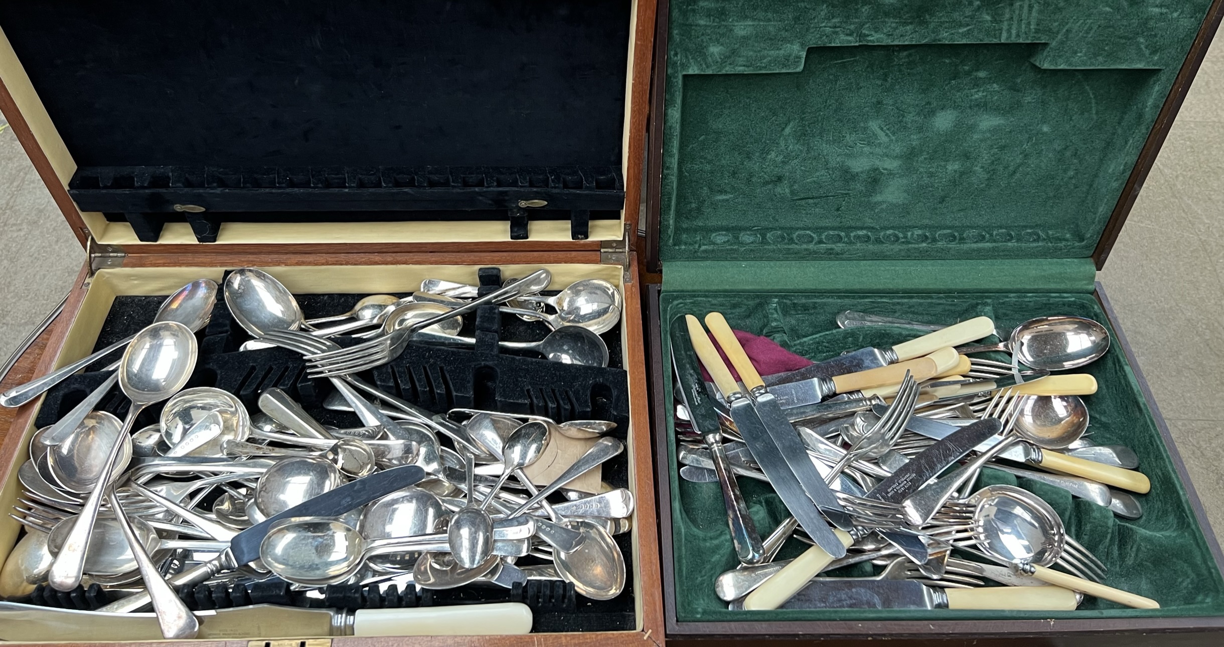 Assorted electroplated flatwares contained with cutlery boxes