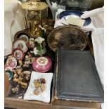 An anniversary clock together with collectors plates, wade animals, Bible,