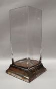 A millennium silver and glass vase of rectangular form on a square silver base, 2000,