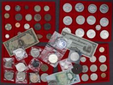 A collection of coins including Pennies, Florins, three pence coins, Silver Jubilee Crowns,