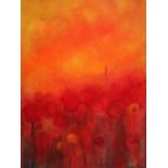 John Barker Abstract in reds and oranges with flowers in the foreground Oil on canvas Signed 102 x
