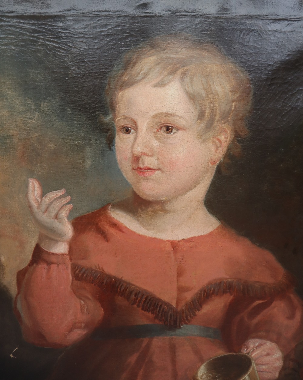 19th century British School Head and shoulders portrait of a young child holding a tankard Oil on - Bild 4 aus 4