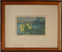 Irene Halliday Primroses Watercolour Signed and label verso 11.5 x 17.