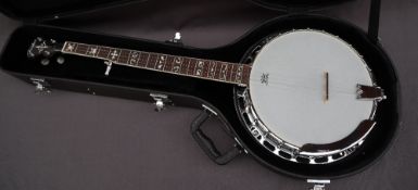 A Fender five string banjo, with mother of pearl inlay and frets,