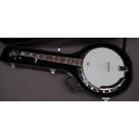 A Fender five string banjo, with mother of pearl inlay and frets,