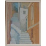 Irene Halliday White Steps Symi Watercolour Signed and label verso 18.5 x 14.
