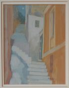 Irene Halliday White Steps Symi Watercolour Signed and label verso 18.5 x 14.