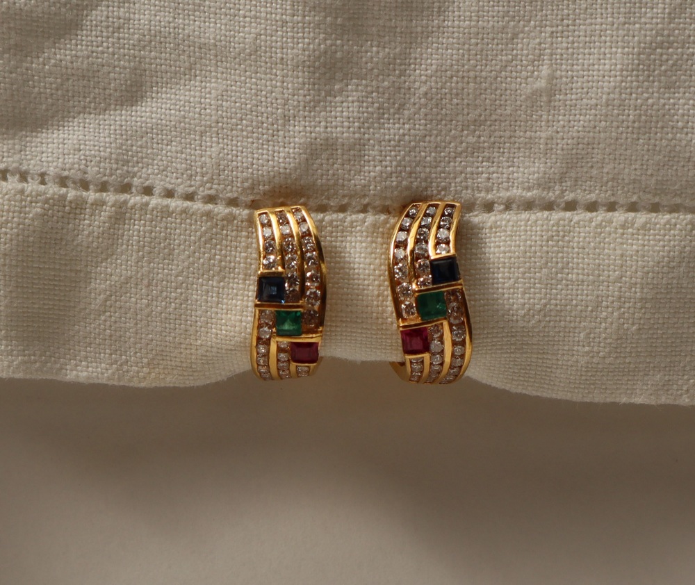 A pair of diamond, princess cut ruby, emerald and sapphire set earrings,